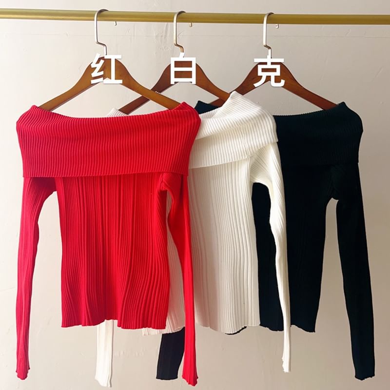 Plain Off Shoulder Ribbed Sweater