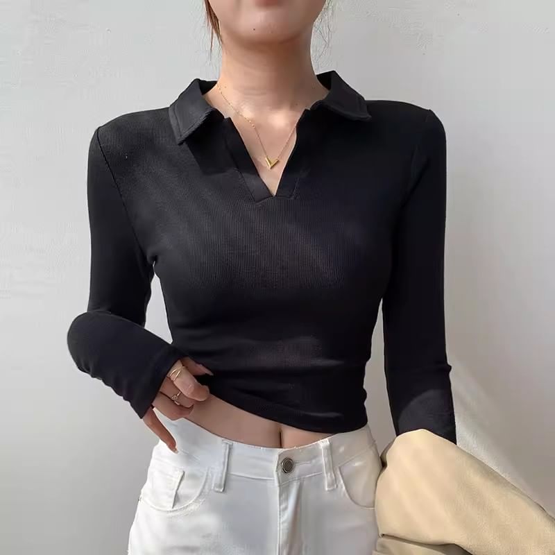 V-Neck Plain Cropped Knit Top