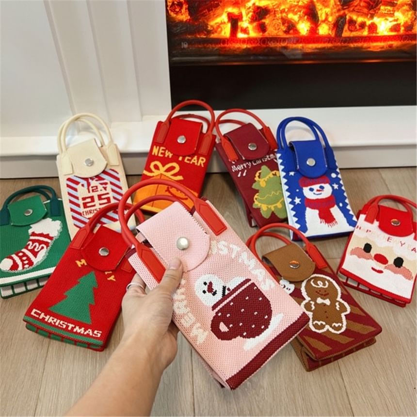 Christmas Print Knit Mobile Phone Crossbody Bag