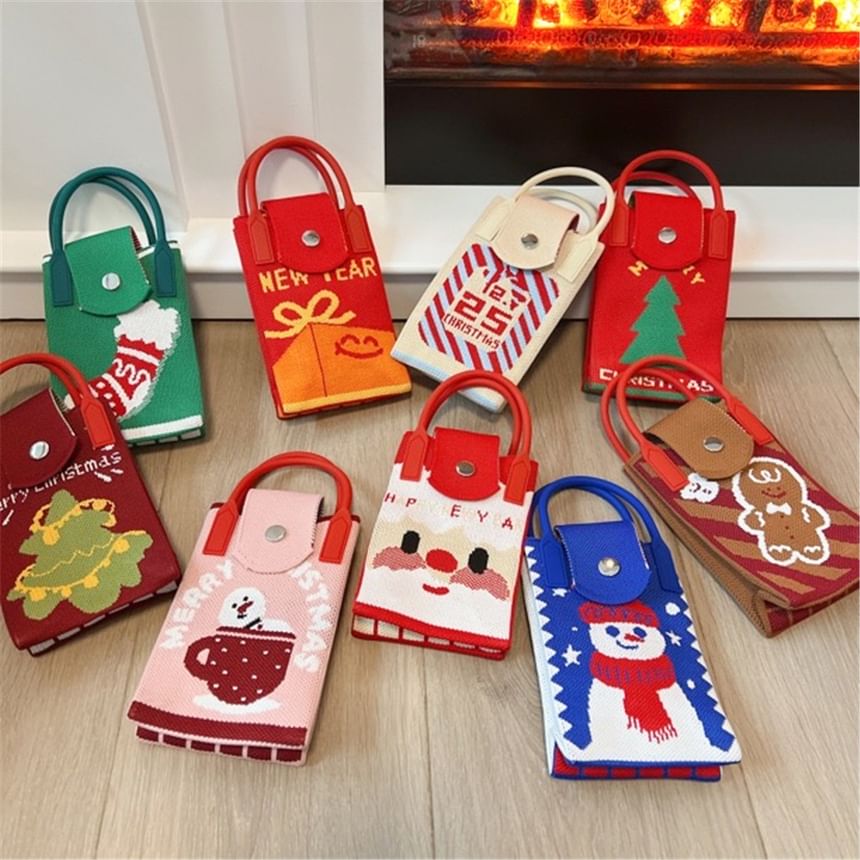 Christmas Print Knit Mobile Phone Crossbody Bag