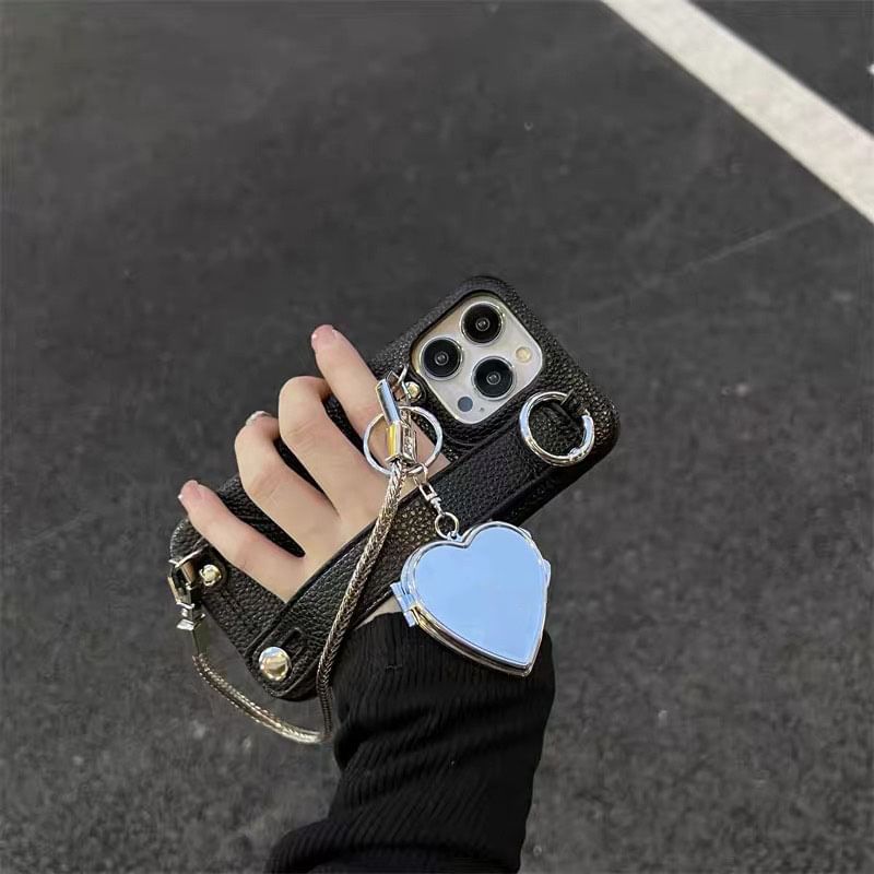 Case Faux Mirrored Phone Leather Heart