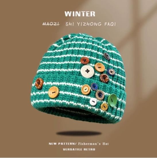 Button Striped Beanie