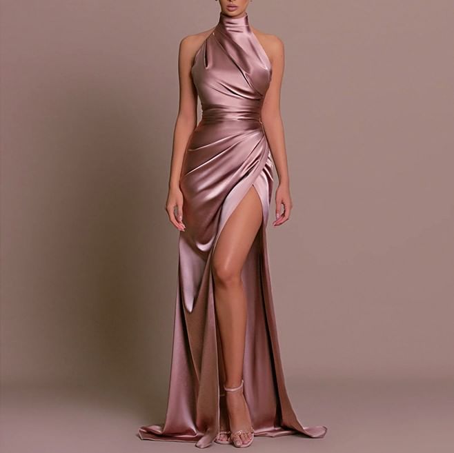 Halter Mock Neck Plain Ruched Trained Open Back Slit Satin Mermaid Evening Gown