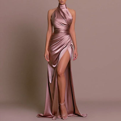 Halter Mock Neck Plain Ruched Trained Open Back Slit Satin Mermaid Evening Gown