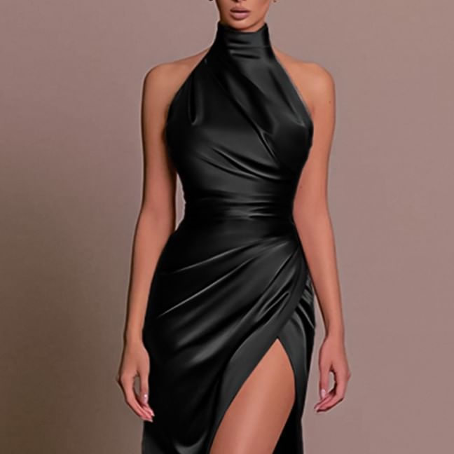 Halter Mock Neck Plain Ruched Trained Open Back Slit Satin Mermaid Evening Gown