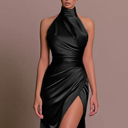 Halter Mock Neck Plain Ruched Trained Open Back Slit Satin Mermaid Evening Gown