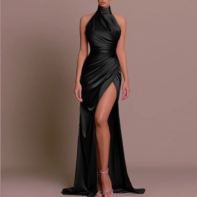 Halter Mock Neck Plain Ruched Trained Open Back Slit Satin Mermaid Evening Gown