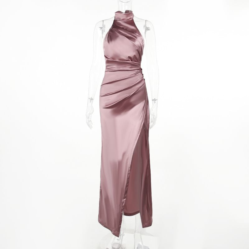 Halter Mock Neck Plain Ruched Trained Open Back Slit Satin Mermaid Evening Gown