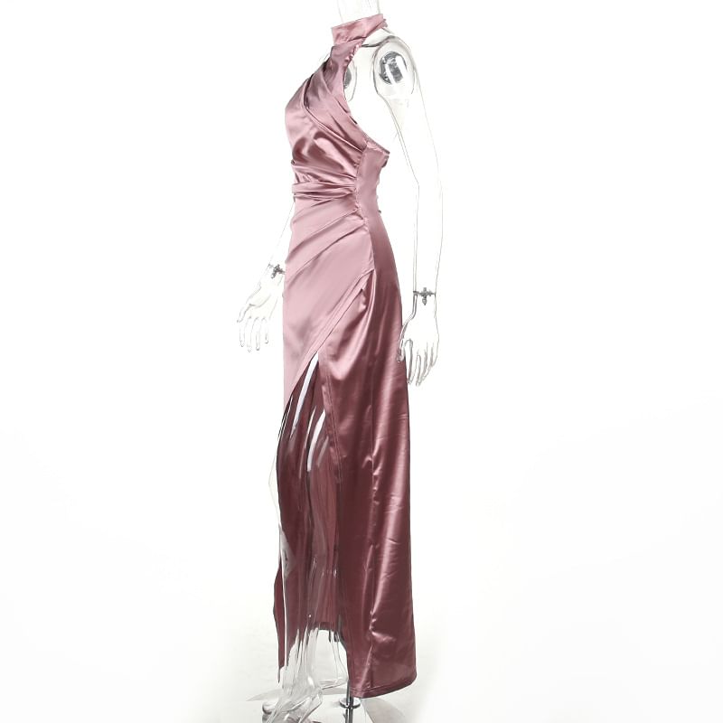 Halter Mock Neck Plain Ruched Trained Open Back Slit Satin Mermaid Evening Gown