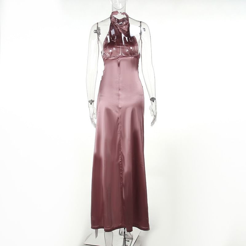 Halter Mock Neck Plain Ruched Trained Open Back Slit Satin Mermaid Evening Gown