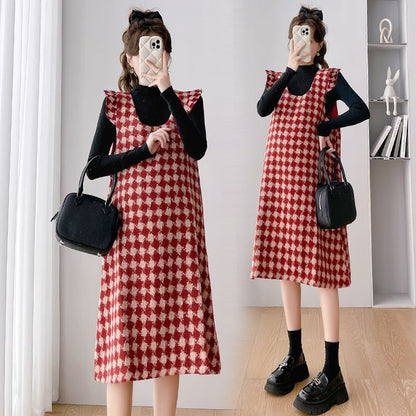 Maternity Scoop Neck Houndstooth Midi A-Line Overall Dress / Long-Sleeve Mock Neck Plain Knit Top