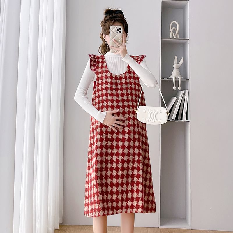 Maternity Scoop Neck Houndstooth Midi A-Line Overall Dress / Long-Sleeve Mock Neck Plain Knit Top