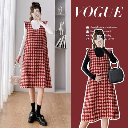 Maternity Scoop Neck Houndstooth Midi A-Line Overall Dress / Long-Sleeve Mock Neck Plain Knit Top