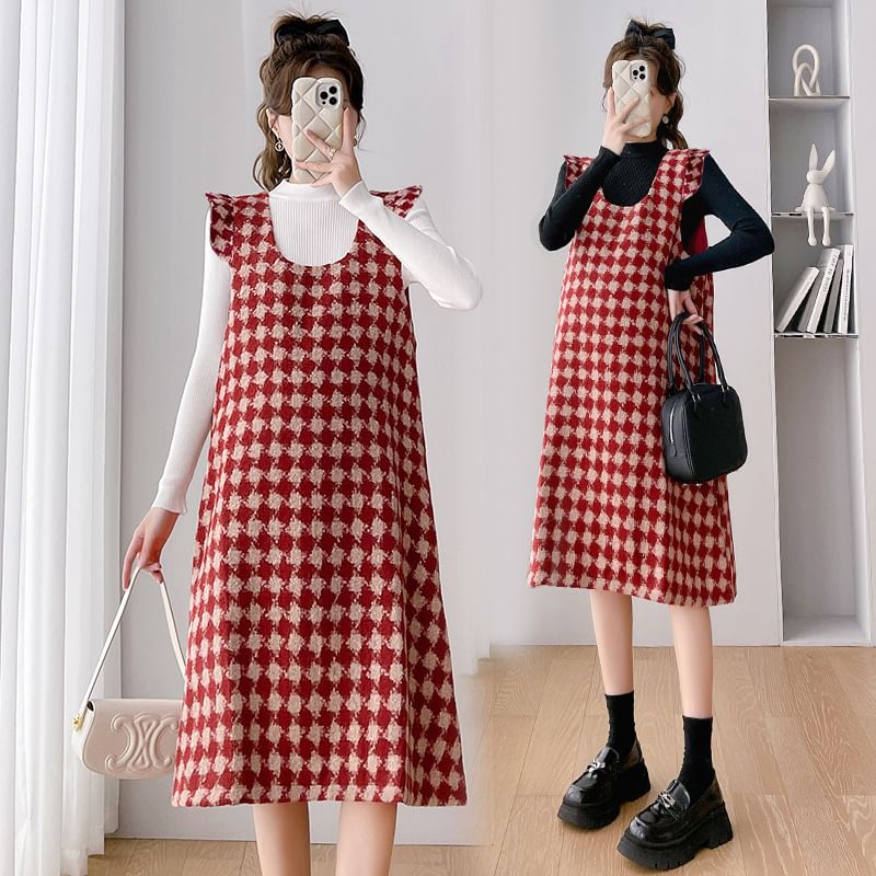 Maternity Scoop Neck Houndstooth Midi A-Line Overall Dress / Long-Sleeve Mock Neck Plain Knit Top