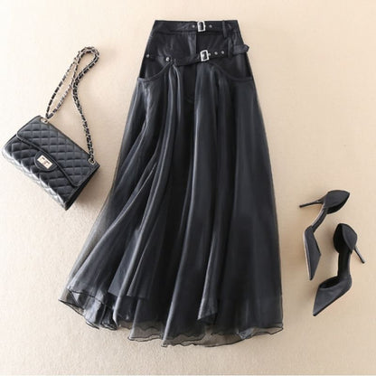 Faux Leather Mesh Panel Skirt with High Rise