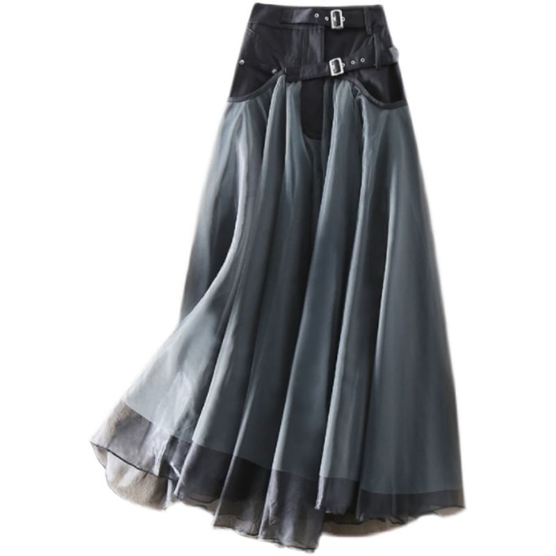 Faux Leather Mesh Panel Skirt with High Rise