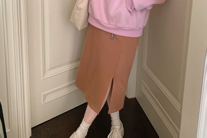 Elevated Waistline Solid Side-Slit Midi Straight Skirt