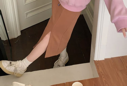 Elevated Waistline Solid Side-Slit Midi Straight Skirt