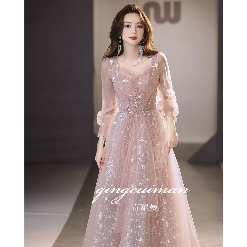 Mesh Evening V-Neck Gown A-Line Sequin Long-Sleeve