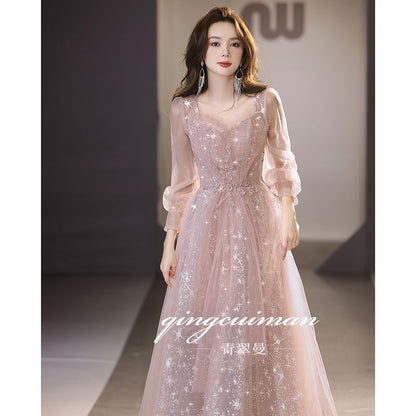 Mesh Evening V-Neck Gown A-Line Sequin Long-Sleeve