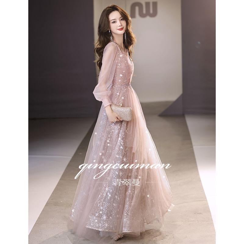 Mesh Evening V-Neck Gown A-Line Sequin Long-Sleeve
