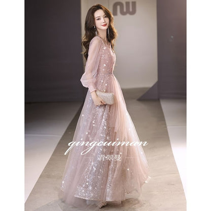 Mesh Evening V-Neck Gown A-Line Sequin Long-Sleeve