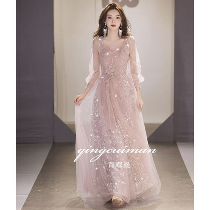 Mesh Evening V-Neck Gown A-Line Sequin Long-Sleeve