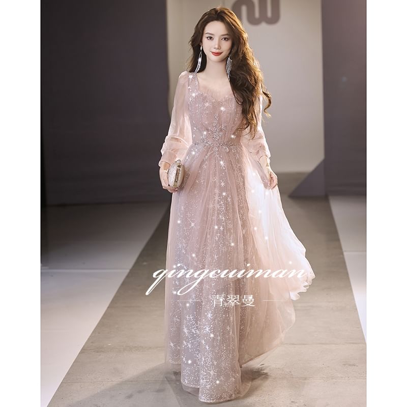 Mesh Evening V-Neck Gown A-Line Sequin Long-Sleeve