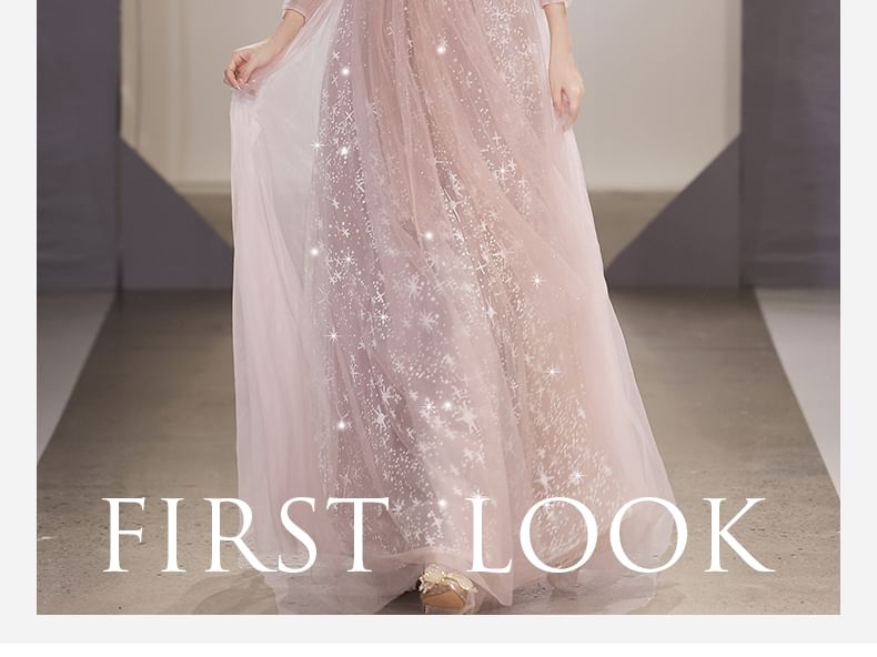 Mesh Evening V-Neck Gown A-Line Sequin Long-Sleeve