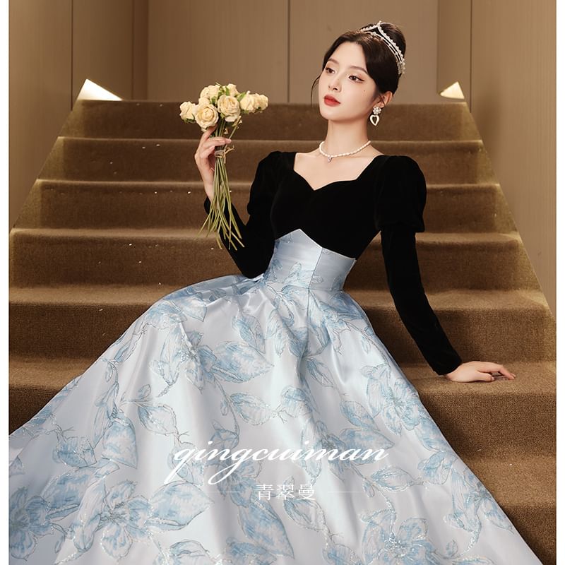 Long-Sleeve Two Evening Gown Floral Jacquard Tone V-Neck A-Line