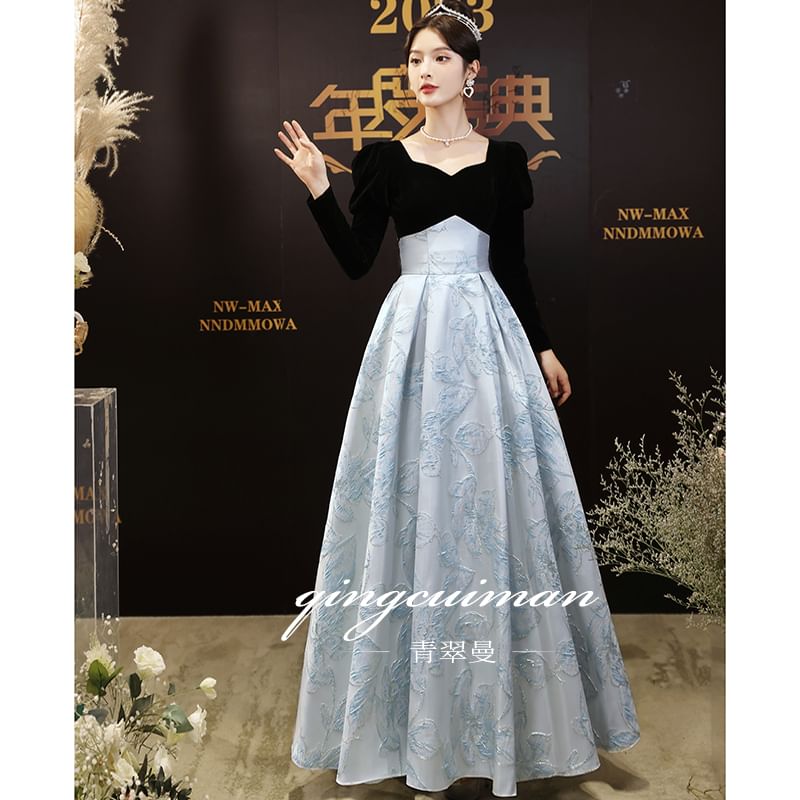 Long-Sleeve Two Evening Gown Floral Jacquard Tone V-Neck A-Line