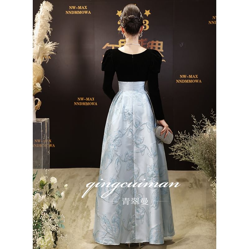 Long-Sleeve Two Evening Gown Floral Jacquard Tone V-Neck A-Line