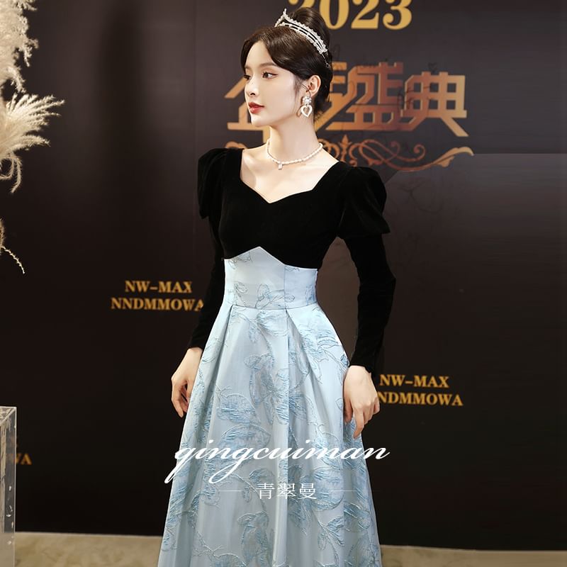Long-Sleeve Two Evening Gown Floral Jacquard Tone V-Neck A-Line