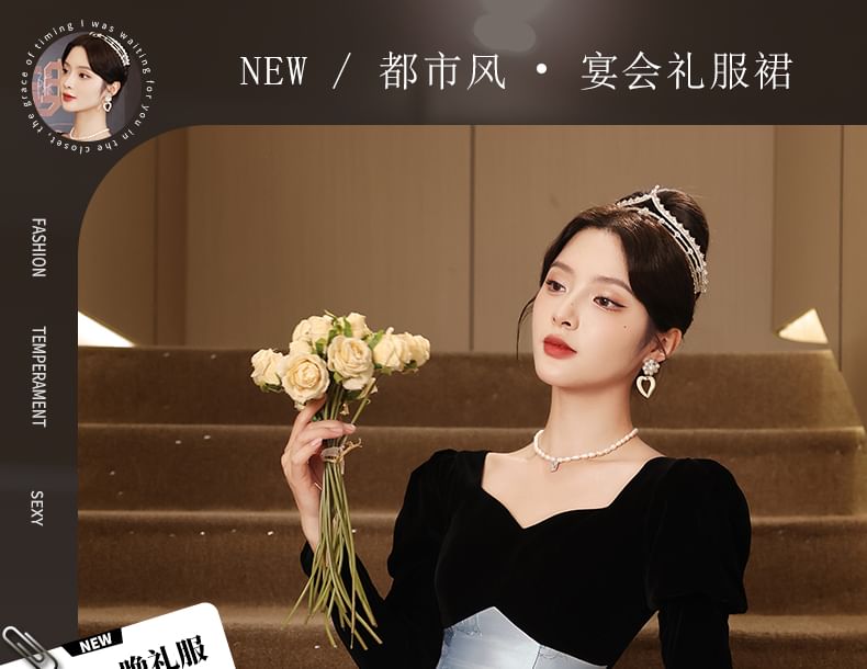 Long-Sleeve Two Evening Gown Floral Jacquard Tone V-Neck A-Line