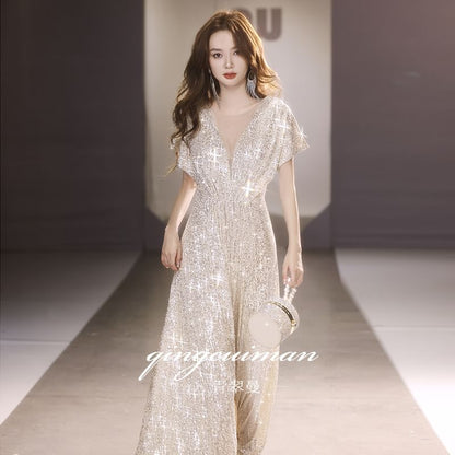 A-Line Short-Sleeve Sequin Gown Plain V-Neck Evening