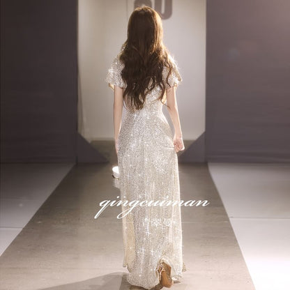 A-Line Short-Sleeve Sequin Gown Plain V-Neck Evening