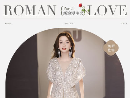 A-Line Short-Sleeve Sequin Gown Plain V-Neck Evening