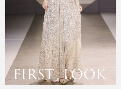 A-Line Short-Sleeve Sequin Gown Plain V-Neck Evening