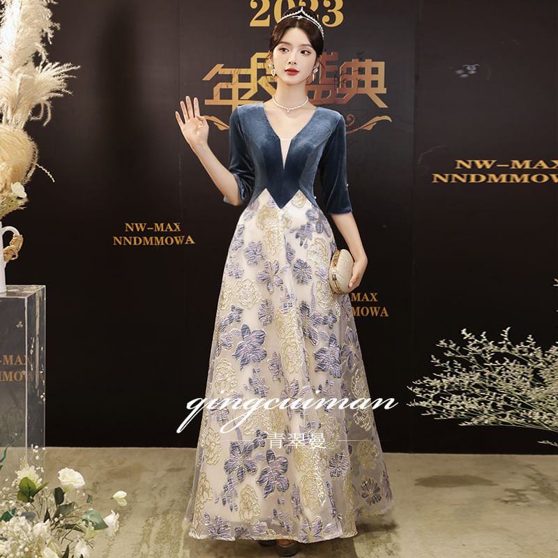 Elbow-Sleeve V-Neck Velvet Panel Floral Jacquard Mesh A-Line Evening Gown