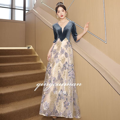 Elbow-Sleeve V-Neck Velvet Panel Floral Jacquard Mesh A-Line Evening Gown