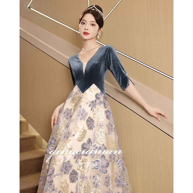 Elbow-Sleeve V-Neck Velvet Panel Floral Jacquard Mesh A-Line Evening Gown