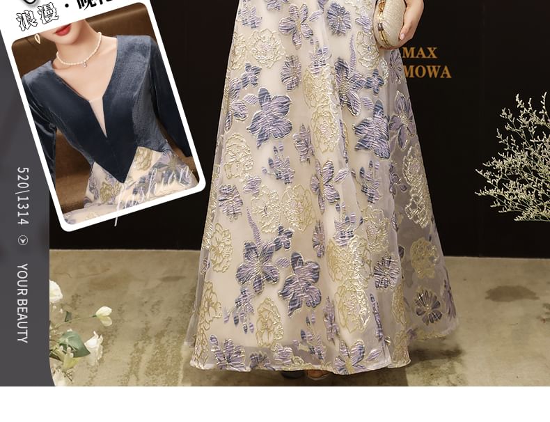 Elbow-Sleeve V-Neck Velvet Panel Floral Jacquard Mesh A-Line Evening Gown