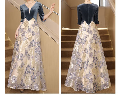 Elbow-Sleeve V-Neck Velvet Panel Floral Jacquard Mesh A-Line Evening Gown