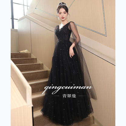 Evening Mesh Sequin Sleeveless Floral Panel A-Line V-Neck Gown Accent