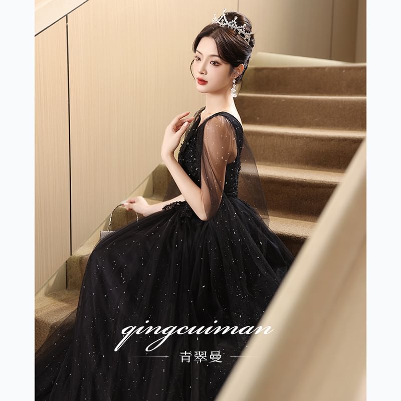 Evening Mesh Sequin Sleeveless Floral Panel A-Line V-Neck Gown Accent