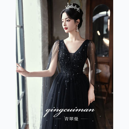 Evening Mesh Sequin Sleeveless Floral Panel A-Line V-Neck Gown Accent