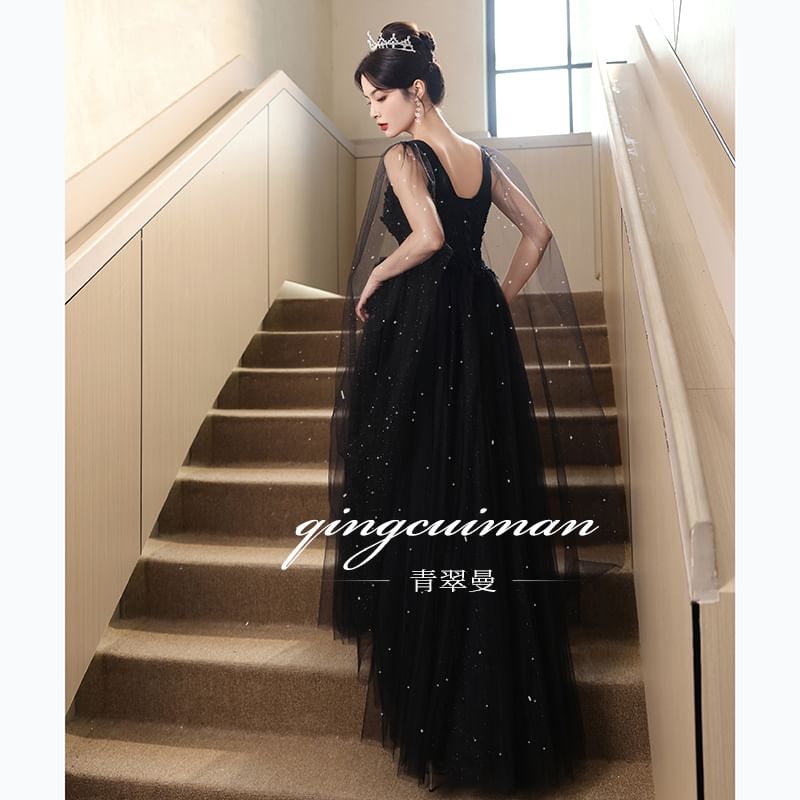 Sleeveless V-Neck Mesh Panel Floral Accent Sequin A-Line Evening Gown