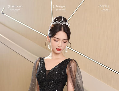 Evening Mesh Sequin Sleeveless Floral Panel A-Line V-Neck Gown Accent