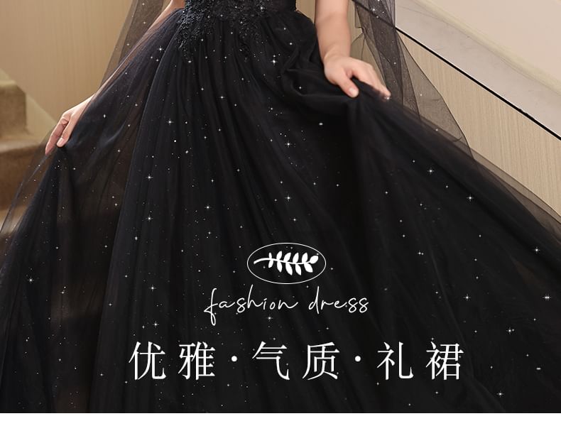 Evening Mesh Sequin Sleeveless Floral Panel A-Line V-Neck Gown Accent