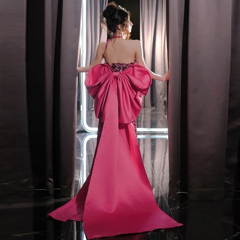 Floral Sequin Bow Back Trained Slit Mermaid Tube Evening Gown